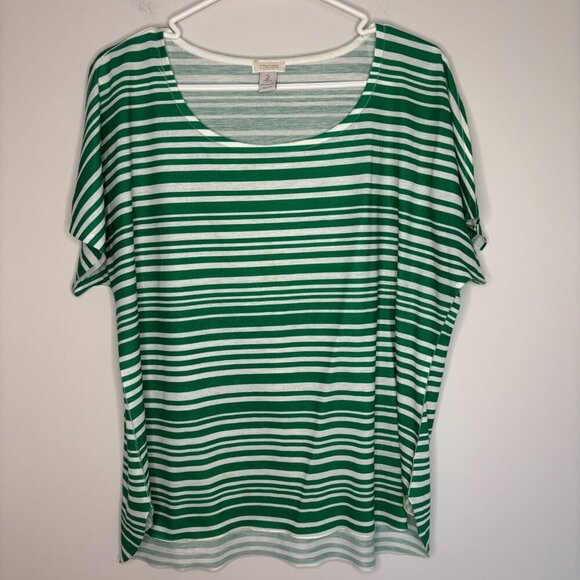 CHICO's Tee 2 (Medium) Round Hi - Lo Hem Short Sleeve Stripes Green White - Picture 1 of 3